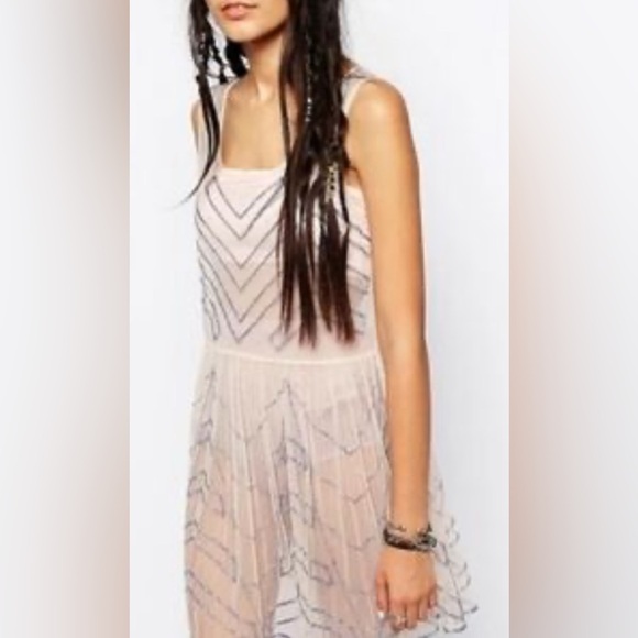 Free People Embellished Sheer Moon Eyes Cream Chevron Beaded Dress - Picture 2 of 11